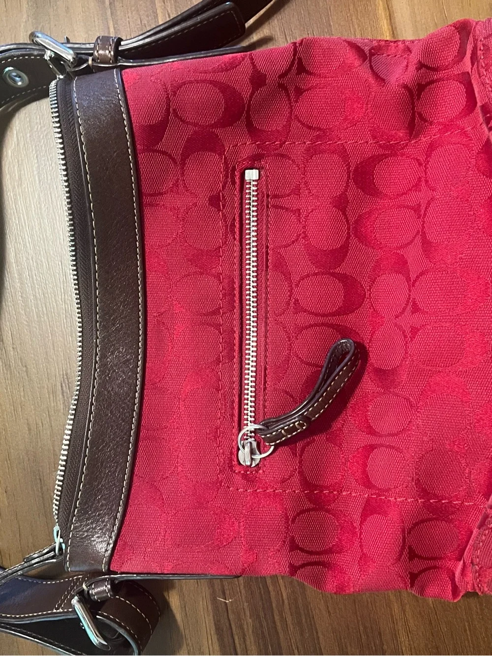 Coach Red Signature Logo Pattern Shoulder Bag with Brown Leather Trim silver